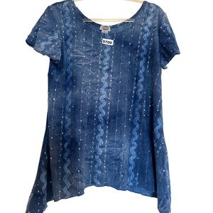 Sienna Grace Blue Tie Dye Women's McTop Sequins Ribbon Stripes Asymetrical Hem